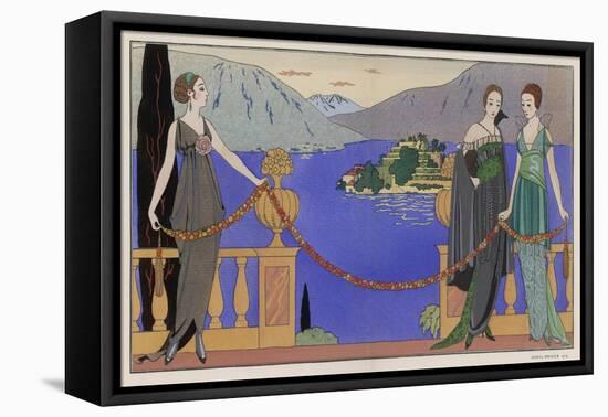 Sleeveless V-Neck High Waisted Dress with Draped and Split Skirt with a Train-Georges Barbier-Framed Stretched Canvas