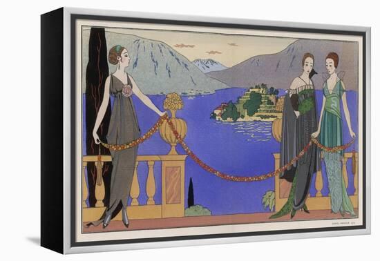 Sleeveless V-Neck High Waisted Dress with Draped and Split Skirt with a Train-Georges Barbier-Framed Stretched Canvas