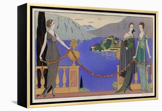 Sleeveless V-Neck High Waisted Dress with Draped and Split Skirt with a Train-Georges Barbier-Framed Stretched Canvas