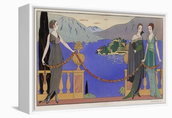 Sleeveless V-Neck High Waisted Dress with Draped and Split Skirt with a Train-Georges Barbier-Framed Stretched Canvas