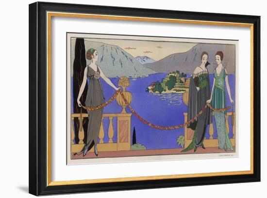 Sleeveless V-Neck High Waisted Dress with Draped and Split Skirt with a Train-Georges Barbier-Framed Art Print