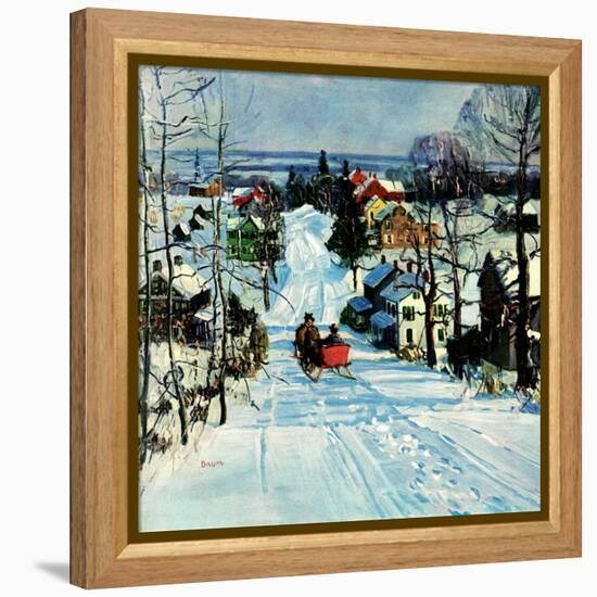 "Sleigh on Snowy Village Street,"February 1, 1931-Walter Baum-Framed Premier Image Canvas