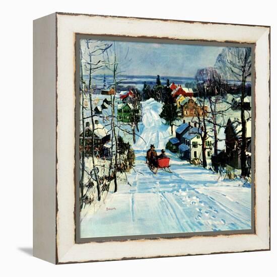 "Sleigh on Snowy Village Street,"February 1, 1931-Walter Baum-Framed Premier Image Canvas