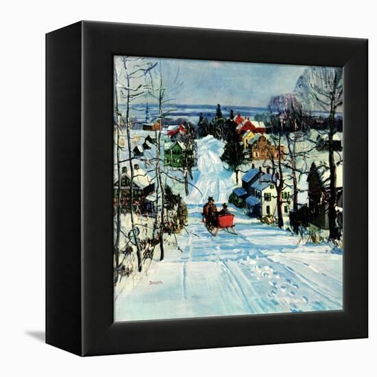 "Sleigh on Snowy Village Street,"February 1, 1931-Walter Baum-Framed Premier Image Canvas