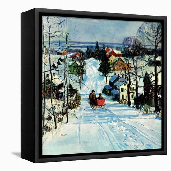 "Sleigh on Snowy Village Street,"February 1, 1931-Walter Baum-Framed Premier Image Canvas