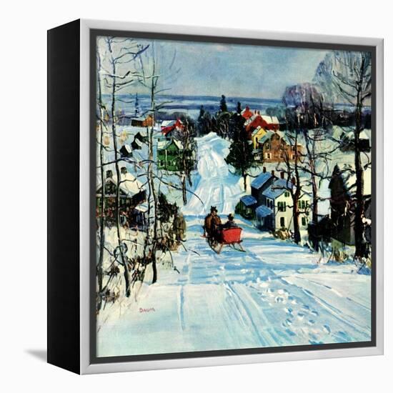 "Sleigh on Snowy Village Street,"February 1, 1931-Walter Baum-Framed Premier Image Canvas