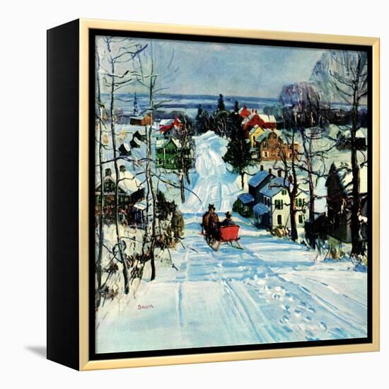 "Sleigh on Snowy Village Street,"February 1, 1931-Walter Baum-Framed Premier Image Canvas