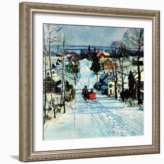 "Sleigh on Snowy Village Street,"February 1, 1931-Walter Baum-Framed Giclee Print