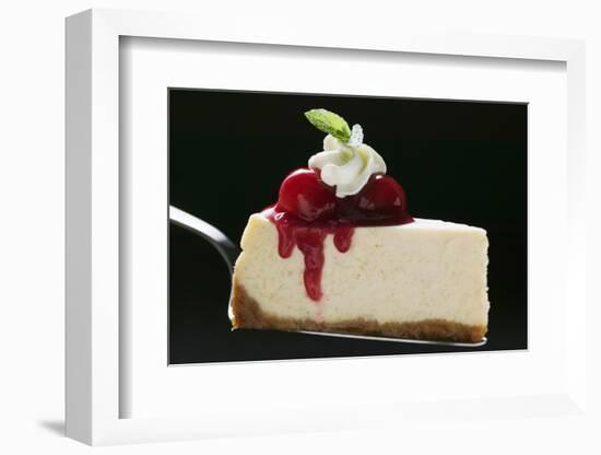 Slice of Cheesecake with Cherries, Cream, Mint on Cake Server-Foodcollection-Framed Photographic Print