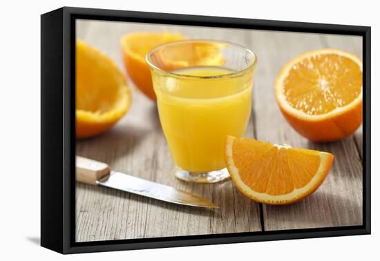 Sliced Oranges and Glass with Fresh Orange Juice-Jana Ihle-Framed Premier Image Canvas