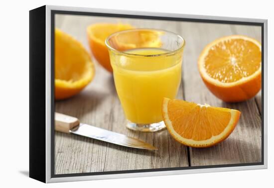 Sliced Oranges and Glass with Fresh Orange Juice-Jana Ihle-Framed Premier Image Canvas