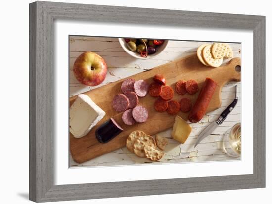 Sliced Pepperoni And Summer Sausage On A Wood Platter On A Rustic Wooden Background-Shea Evans-Framed Photographic Print