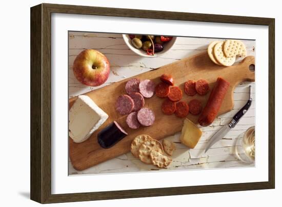 Sliced Pepperoni And Summer Sausage On A Wood Platter On A Rustic Wooden Background-Shea Evans-Framed Photographic Print