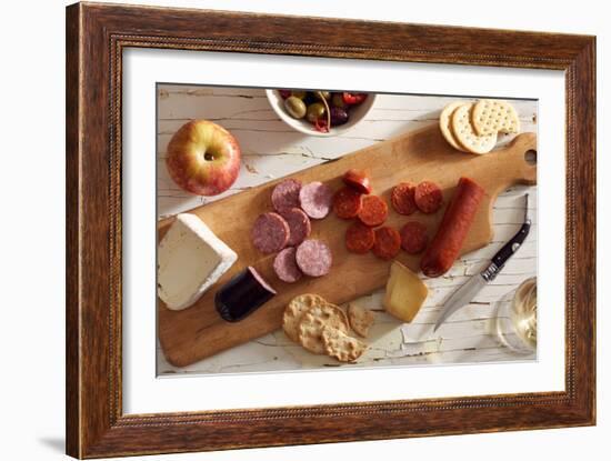 Sliced Pepperoni And Summer Sausage On A Wood Platter On A Rustic Wooden Background-Shea Evans-Framed Photographic Print