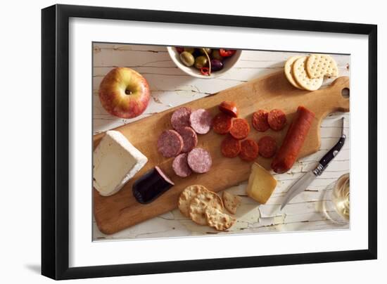 Sliced Pepperoni And Summer Sausage On A Wood Platter On A Rustic Wooden Background-Shea Evans-Framed Photographic Print