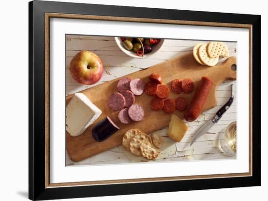 Sliced Pepperoni And Summer Sausage On A Wood Platter On A Rustic Wooden Background-Shea Evans-Framed Photographic Print