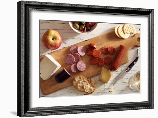 Sliced Pepperoni And Summer Sausage On A Wood Platter On A Rustic Wooden Background-Shea Evans-Framed Photographic Print