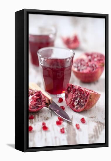 Sliced Pomegranates, Cores and Glass with Pomegranate Juice-Jana Ihle-Framed Premier Image Canvas