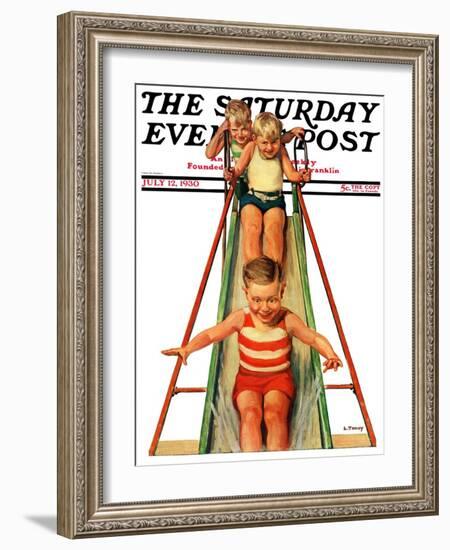 "Sliding into Water," Saturday Evening Post Cover, July 12, 1930-Lawrence Toney-Framed Giclee Print