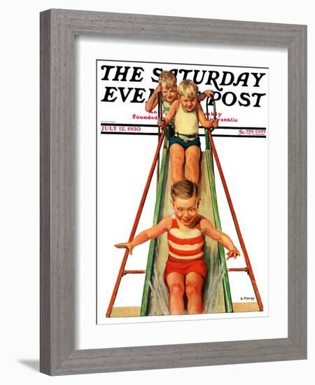 "Sliding into Water," Saturday Evening Post Cover, July 12, 1930-Lawrence Toney-Framed Giclee Print