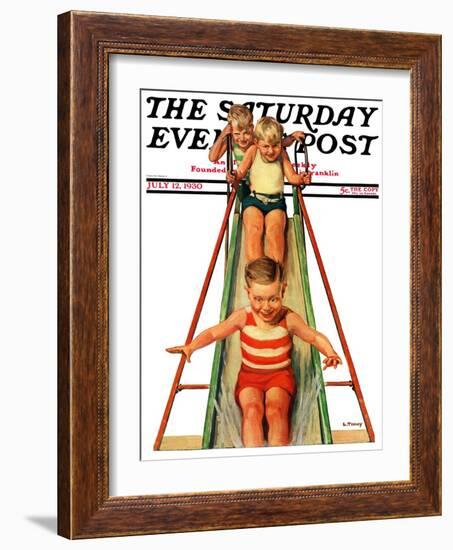 "Sliding into Water," Saturday Evening Post Cover, July 12, 1930-Lawrence Toney-Framed Giclee Print