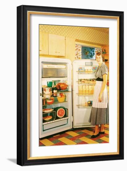 Slouching Lady with Open Fridge, Retro-null-Framed Art Print