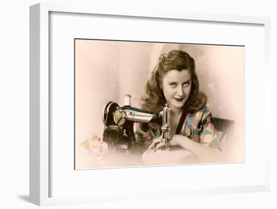 Sly Lady with Sewing Machine-null-Framed Art Print