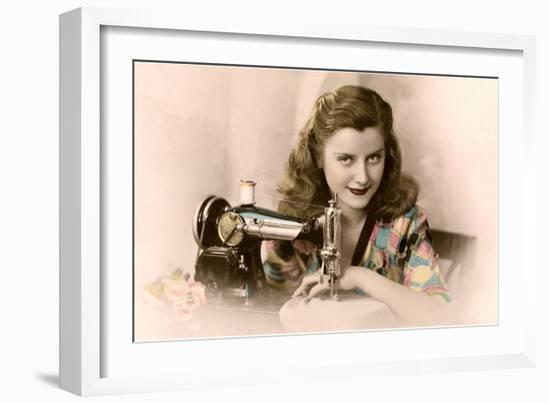 Sly Lady with Sewing Machine-null-Framed Art Print