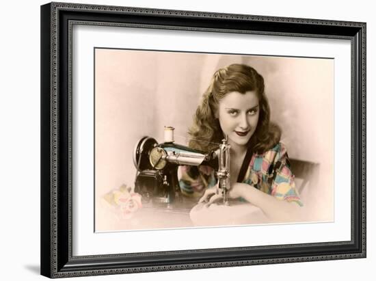 Sly Lady with Sewing Machine-null-Framed Art Print