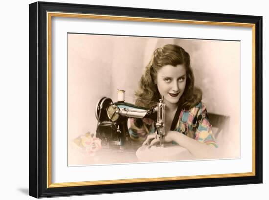 Sly Lady with Sewing Machine-null-Framed Art Print