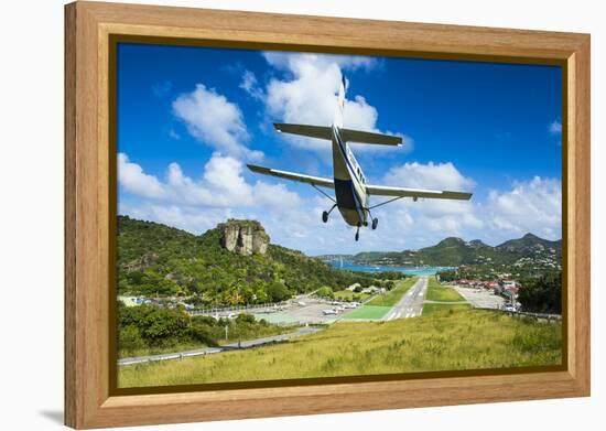 Small airplane landing at the airport of St. Barth (Saint Barthelemy), Lesser Antilles, West Indies-Michael Runkel-Framed Premier Image Canvas