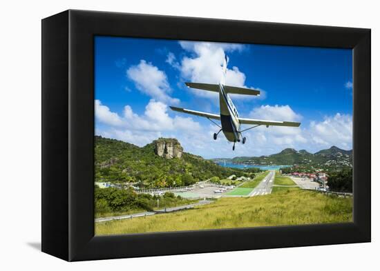 Small airplane landing at the airport of St. Barth (Saint Barthelemy), Lesser Antilles, West Indies-Michael Runkel-Framed Premier Image Canvas