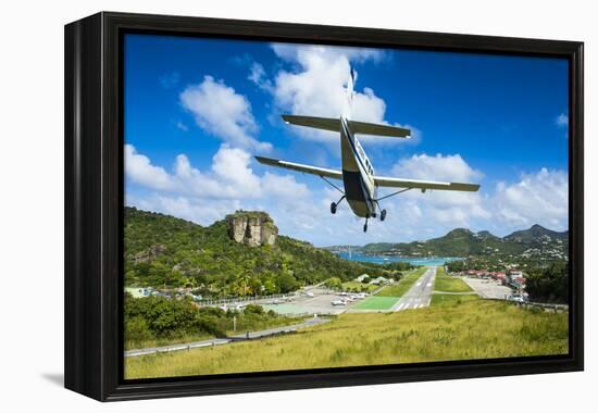 Small airplane landing at the airport of St. Barth (Saint Barthelemy), Lesser Antilles, West Indies-Michael Runkel-Framed Premier Image Canvas