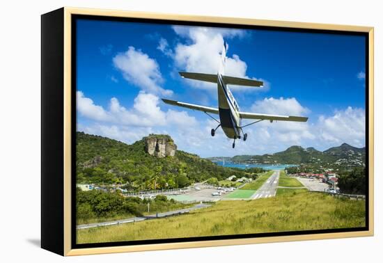 Small airplane landing at the airport of St. Barth (Saint Barthelemy), Lesser Antilles, West Indies-Michael Runkel-Framed Premier Image Canvas