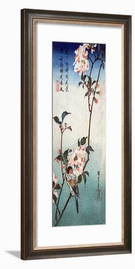 Small Bird on a Branch of Kaidozakura, Japanese Wood-Cut Print-Lantern Press-Framed Art Print