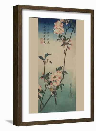 Small Bird on a Branch of Kaidozakura.-Ando Hiroshige-Framed Art Print