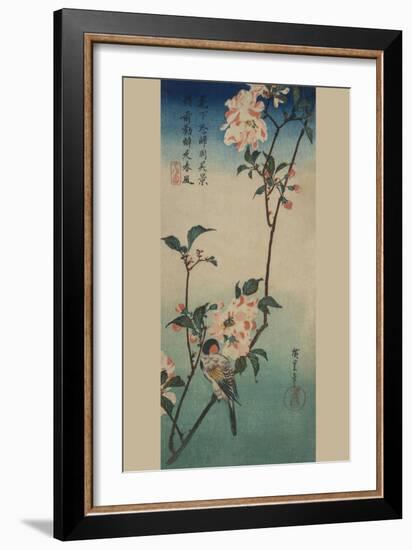 Small Bird on a Branch of Kaidozakura.-Ando Hiroshige-Framed Art Print