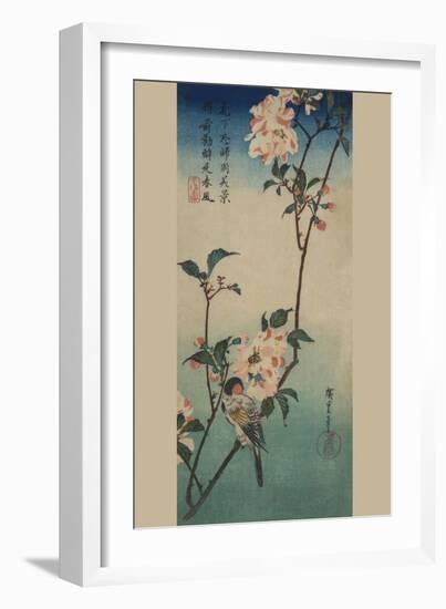 Small Bird on a Branch of Kaidozakura.-Ando Hiroshige-Framed Art Print