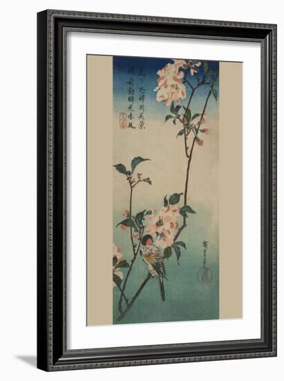 Small Bird on a Branch of Kaidozakura.-Ando Hiroshige-Framed Art Print