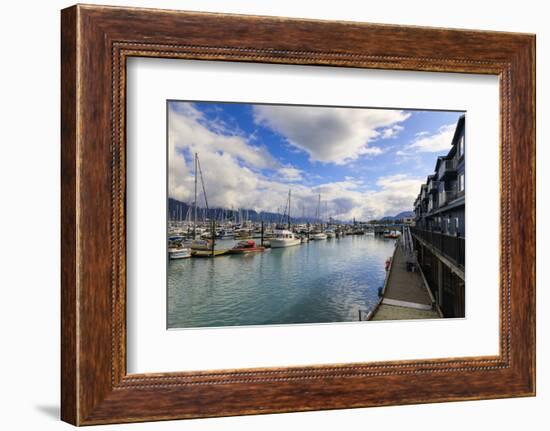 Small Boat Harbour, hotel, small boats and mountains, Seward, Resurrection Bay, Kenai Peninsula, Al-Eleanor Scriven-Framed Photographic Print