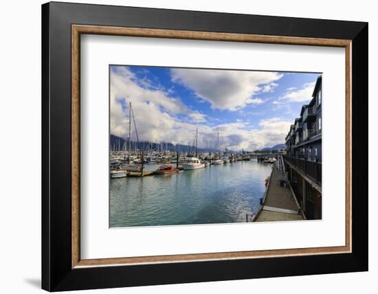 Small Boat Harbour, hotel, small boats and mountains, Seward, Resurrection Bay, Kenai Peninsula, Al-Eleanor Scriven-Framed Photographic Print