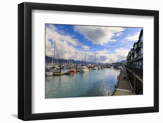 Small Boat Harbour, hotel, small boats and mountains, Seward, Resurrection Bay, Kenai Peninsula, Al-Eleanor Scriven-Framed Photographic Print