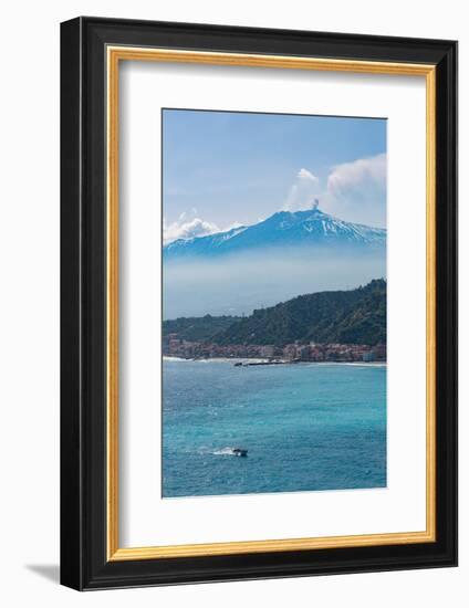 Small Boat Passing the Awe Inspiring Mount Etna, UNESCO World Heritage Site-Martin Child-Framed Photographic Print