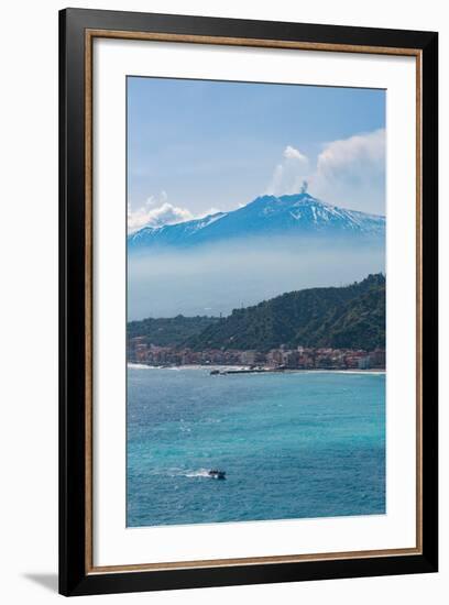 Small Boat Passing the Awe Inspiring Mount Etna, UNESCO World Heritage Site-Martin Child-Framed Photographic Print