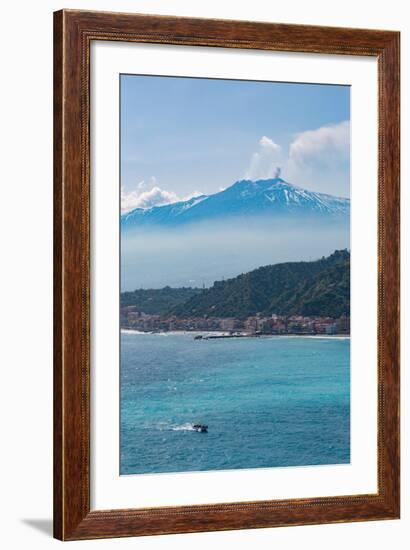 Small Boat Passing the Awe Inspiring Mount Etna, UNESCO World Heritage Site-Martin Child-Framed Photographic Print