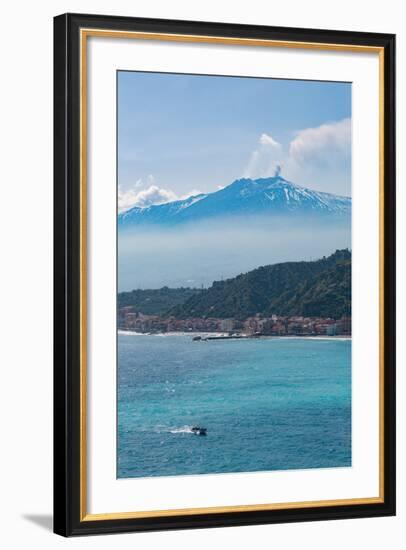 Small Boat Passing the Awe Inspiring Mount Etna, UNESCO World Heritage Site-Martin Child-Framed Photographic Print