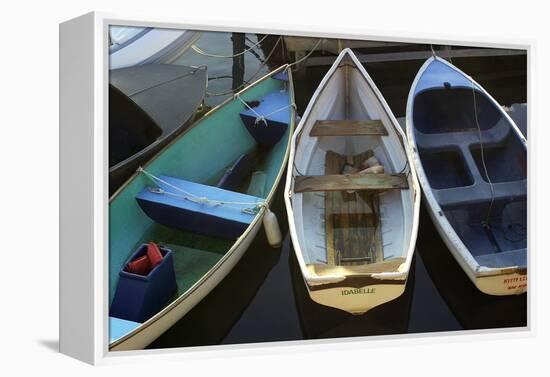 Small Boats Along Bar Harbor Pier, Mount Desert Island on the Atlantic Coast of Maine-null-Framed Premier Image Canvas