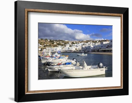 Small boats in harbour, whitewashed Mykonos Town (Chora) with windmills on hillside, Mykonos, Cycla-Eleanor Scriven-Framed Photographic Print