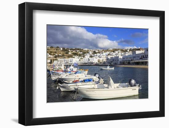 Small boats in harbour, whitewashed Mykonos Town (Chora) with windmills on hillside, Mykonos, Cycla-Eleanor Scriven-Framed Photographic Print