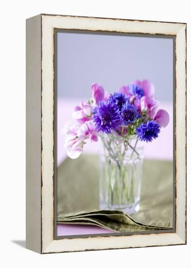 Small Bouquet with Cornflowers and Vetch on Green Silk-Brigitte Protzel-Framed Premier Image Canvas